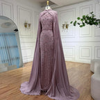Serene Hill Pink Long Sleeves High Neck Muslim Mermaid Beaded Evening Party Gown Dress with Cape for Women DLA72533 Customized