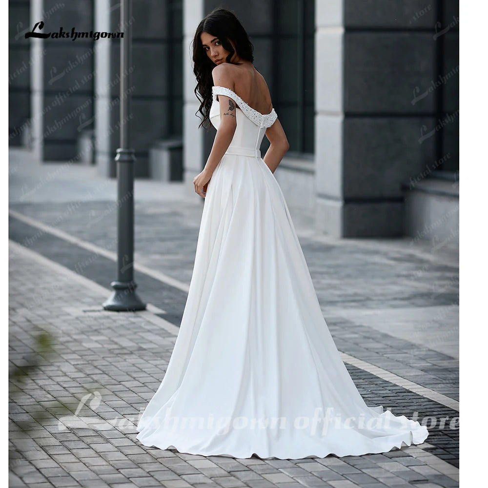 Lakshmigown Pleat Beading A-Line Wedding Dress Strapless High Slit Off The Shoulder Backless Bridal Gown Vestidos De Customized