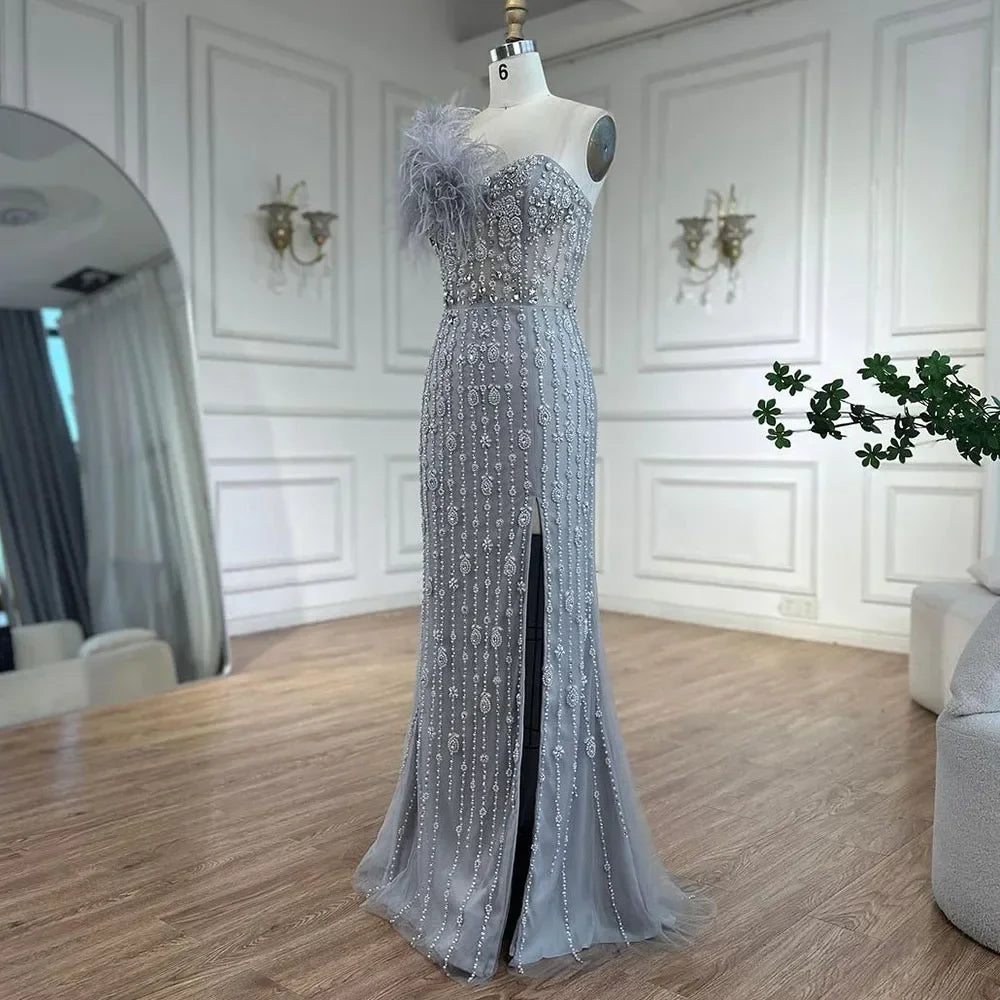 Serene Hill Gray Mermaid One Shoulder High Split Beaded Feather Evening Dress Party Gowns for Women DLA72347 Customized