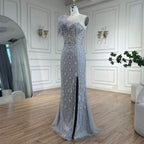 Serene Hill Gray Mermaid One Shoulder High Split Beaded Feather Evening Dress Party Gowns for Women DLA72347 Customized