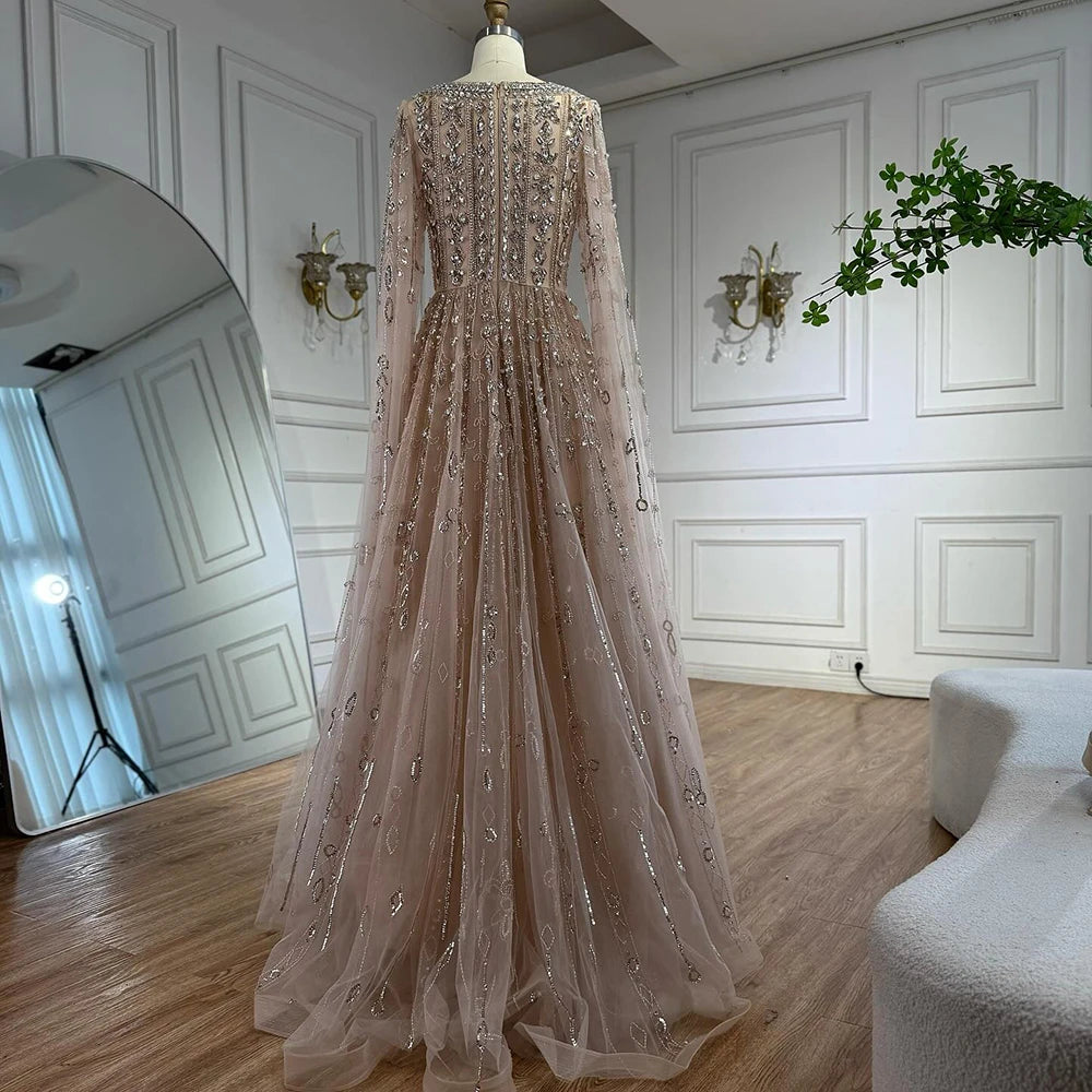 Serene Hill Customized 2025 Wine Red A Line Cape Sleeves Luxury Beaded Evening Dresses Formal Party Gowns for Women DLA72764