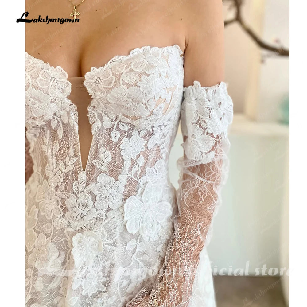 Lakshmigown Off the Shoulder Long Removeable Sleeves Sweethert Full Lace Bridal Grown A Line Wedding Dresses Customized