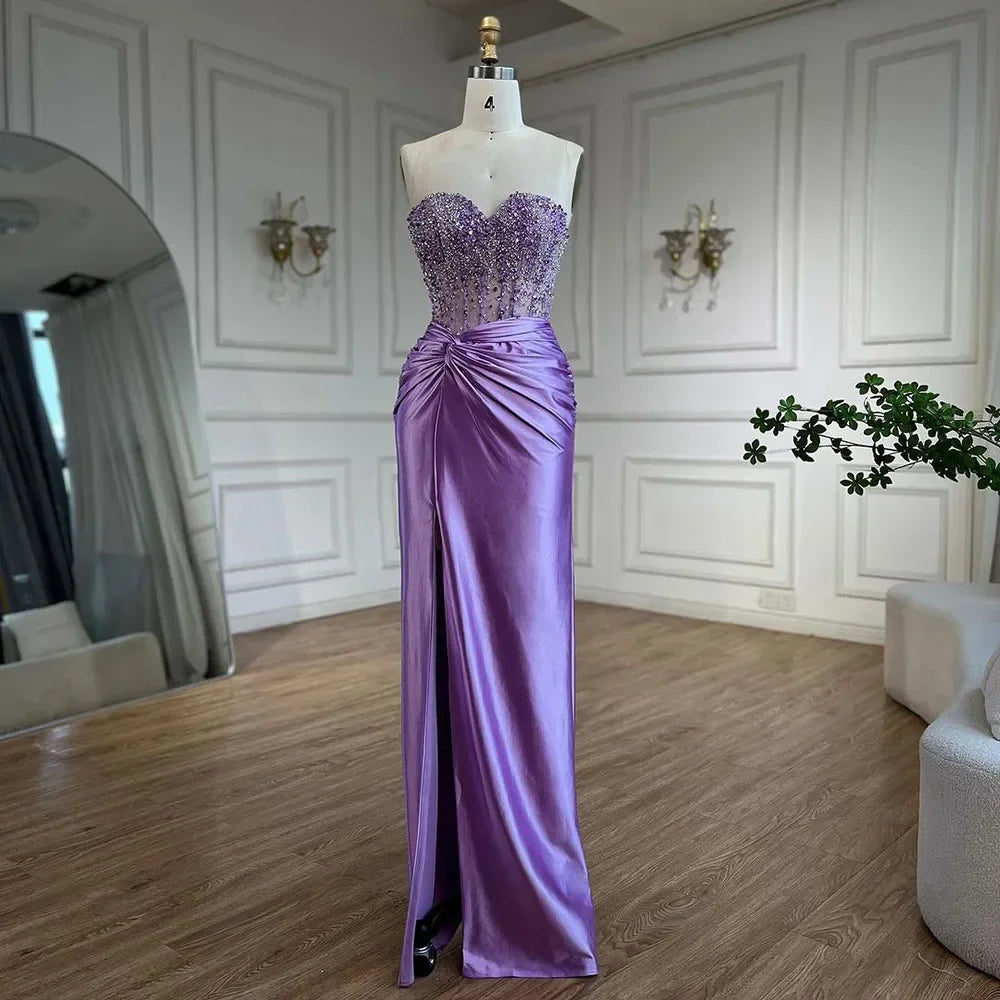 Serene Hill Customized Lilac Satin Split Strapless Mermaid Evening Dresses Beaded Party Gowns for Women Bridesmaid DLA72329
