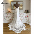 Lakshmigown Spaghetti Strap Lace Mermaid Wedding Dress Deep V Neck Satin Bridal Gown With Lace Train Customized