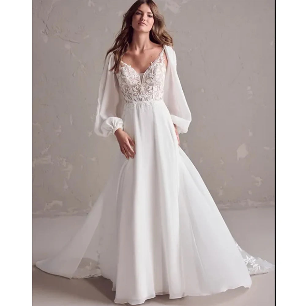 Lakshmigown Long Sleeve V Neck Lace Appliques Plus Size Wedding Dress for Women 2025 Bridal Gown Customzied robe mariee boheme
