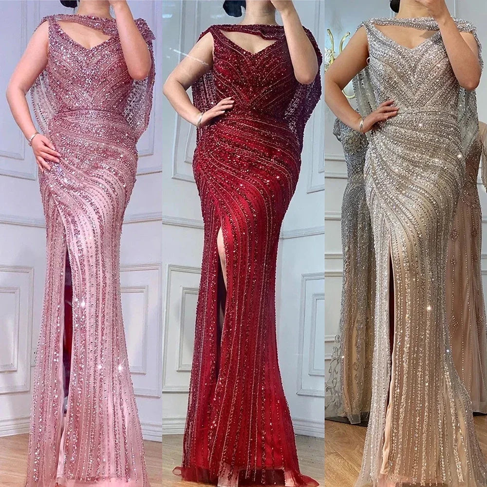 Serene Hill Customized Silver Nude Beaded Mermaid Evening Dresses 2025 Elegant Party Gowns For Women Wedding DLA70752