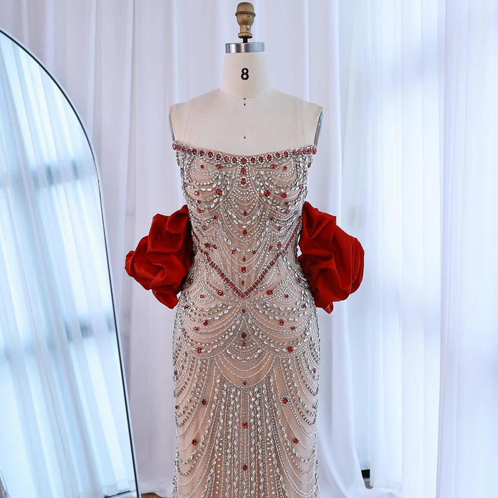 Luxury Beaded Evening Dresses with Elegant Puff Sleeves Pearl Beaded Adorned Design Serene Hill DLA72903 Customized