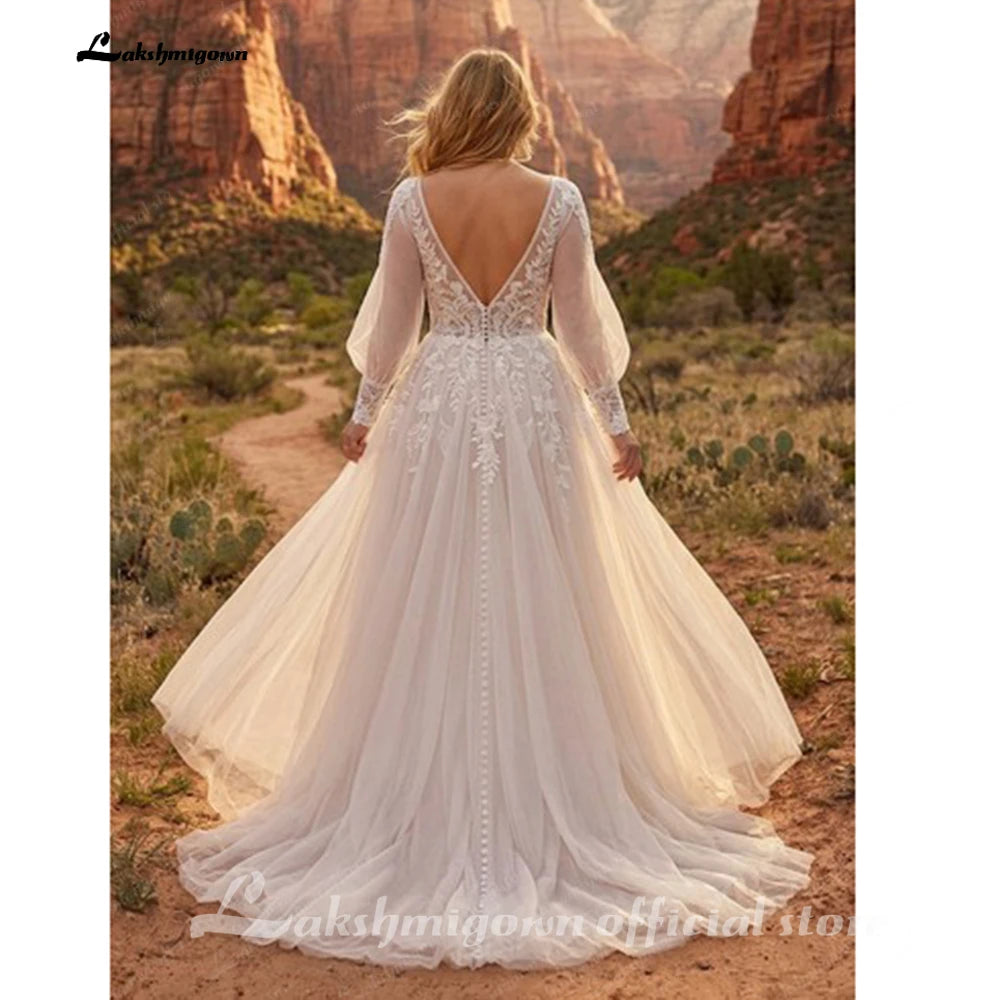 Lakshmigown A-Line Plus Size Wedding Dresses with Slit Classic Long Puff Sleeves Bridal Gowns Backless Tulle Robe De Customized