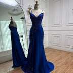 Vestido de Baile de Gala Azul Marinho de Luxo com Renda e Fenda Lateral e Alças Finas LA73041
