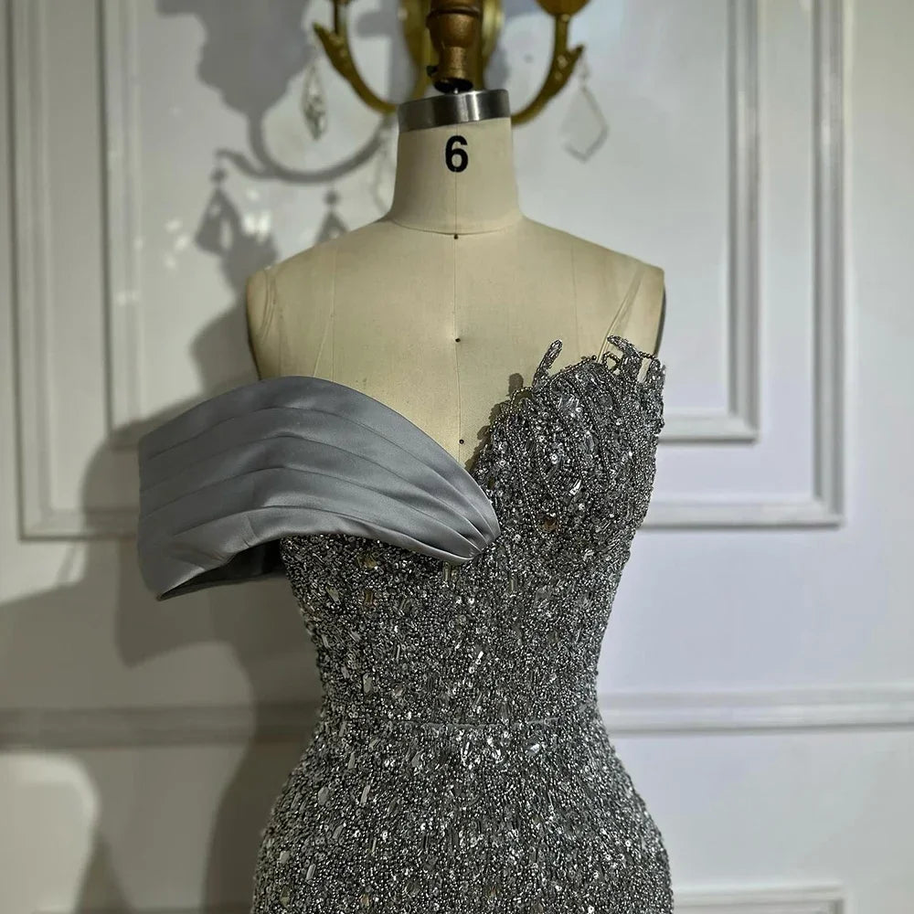 Serene Hill 2025 Dubai Grey Mermaid One Shoulder Beaded Long Evening Dresses Gowns For Formal Occasion DLA72650 Customized