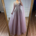 2026 Customized Pink Luxury Beaded A Line Evening Dress with Cape Sleeves Party Gowwns for Wedding Guest | Nightbubo