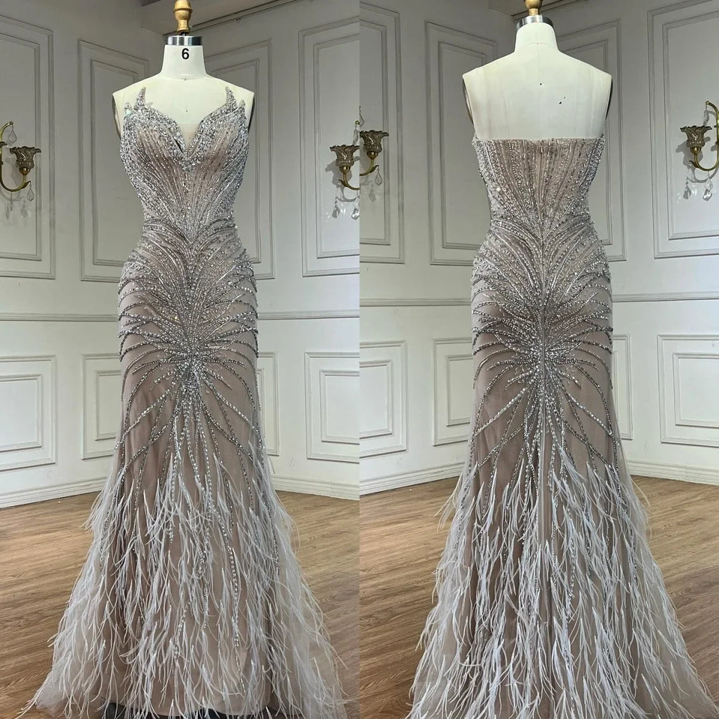 Serene Hill White Nude Mermaid Evening Dresses with Cape Beaded Feathers Party Gowns for Formal Occasion Customized DLA72882