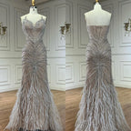 Serene Hill White Nude Mermaid Evening Dresses with Cape Beaded Feathers Party Gowns for Formal Occasion Customized DLA72882