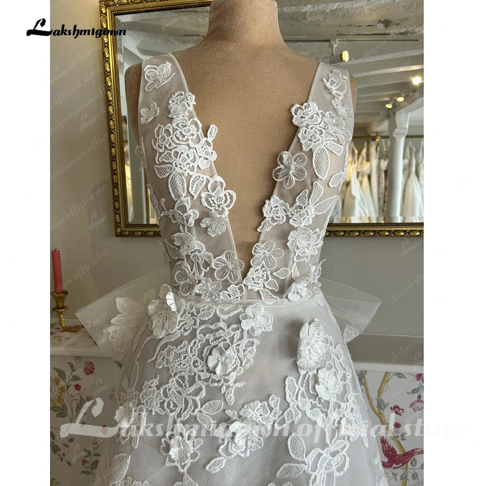 Lakshmigown Deep V Neck Lace Flowers Wedding Dress for Women with Bow Beach A Line Court Trian Wedding Gowns Customized