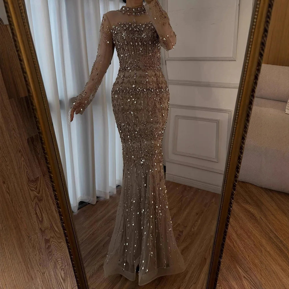 Serene Hill High Neck Long Sleeves Beaded Mermaid Evening Dress Muslim Wedding Party Gowns for Women DLA72714C Customized