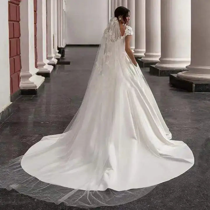 Lakshmigown Satin Wedding Dress Bridal Skirt Lady A-Line Trailing Applique Short Sleeves Vestidos Para Mujer Customized