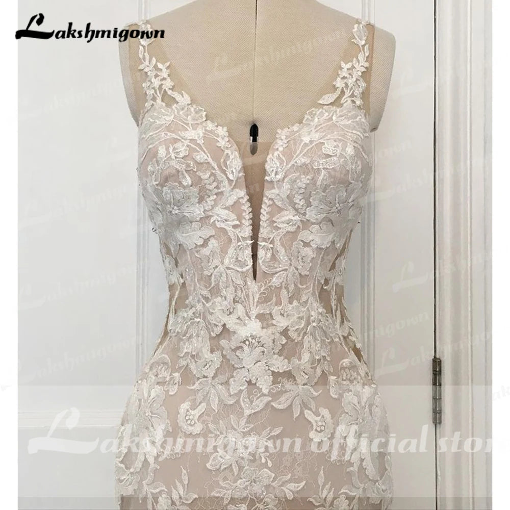 Lakshmigown V Neck Lace Appliques Illusion Court Train Wedding Dress Boho Mermaid/Trumpet Bridal vestido branco Customized