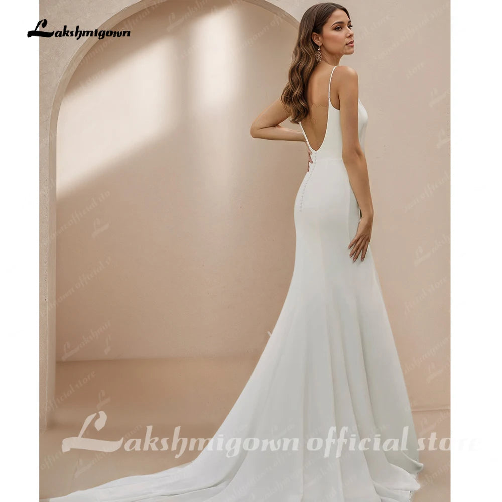 Lakshmigown Simple Mermaid Wedding Dresses V-Neck Split Backless Trumpet Spaghetti Straps Bridal Gown Vestidos De Noiva