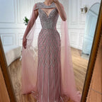 Abito da sera sirena con perline e mantella color nude lussuoso LA72814