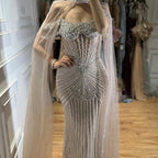 Serene Hill 2026 Pearl Beaded Mermaid Caramel Evening Dresses Elegant Formal Party Gown with Sheer Cape Customized DLA73148C