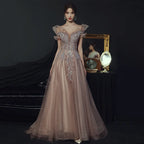 Fairy Dreamy Mesh Off Shoulder Celebrity Banquet Dress Cheongsam Female Formal Evening Party Dress Elegant Applique Maxi Dress