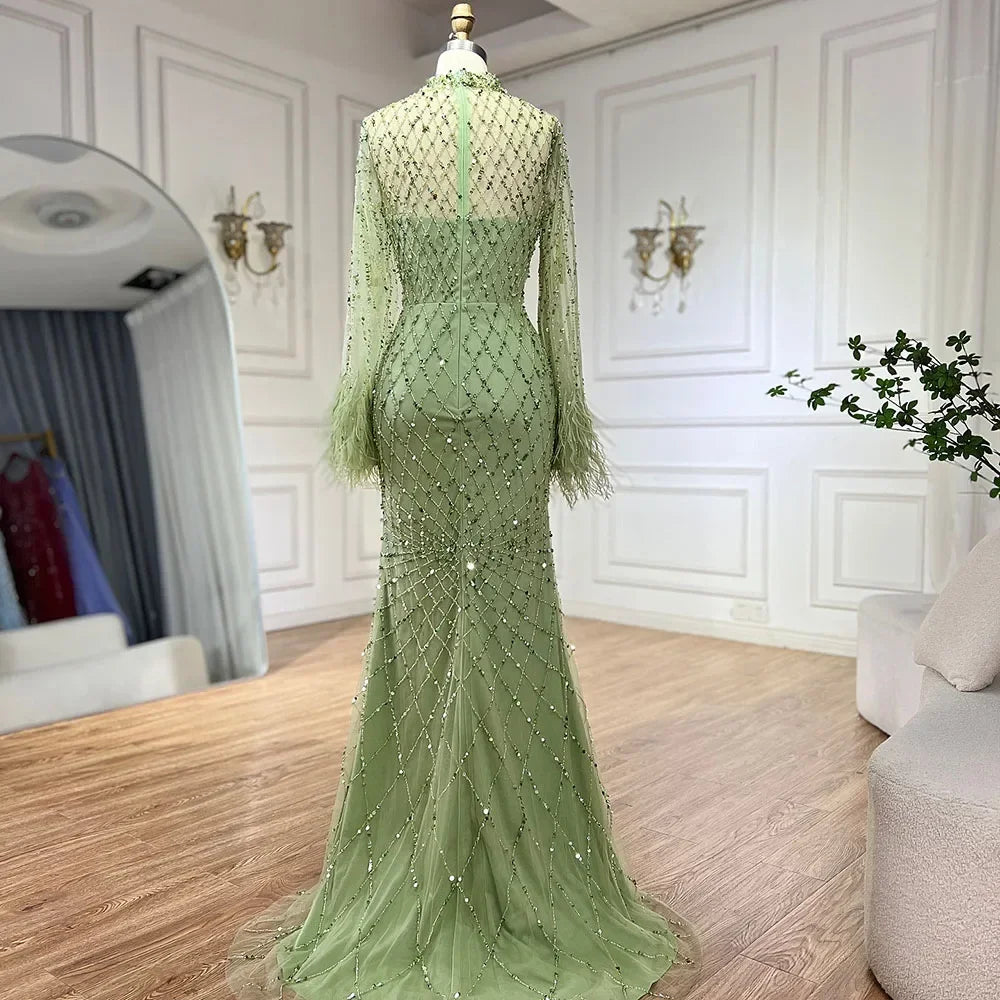 Customized 2025 Dubai Green Grid Cut Out Lace Beaded Feathers Sleeves Elegant Dresses Gowns for Formal Occasion DLA72394A