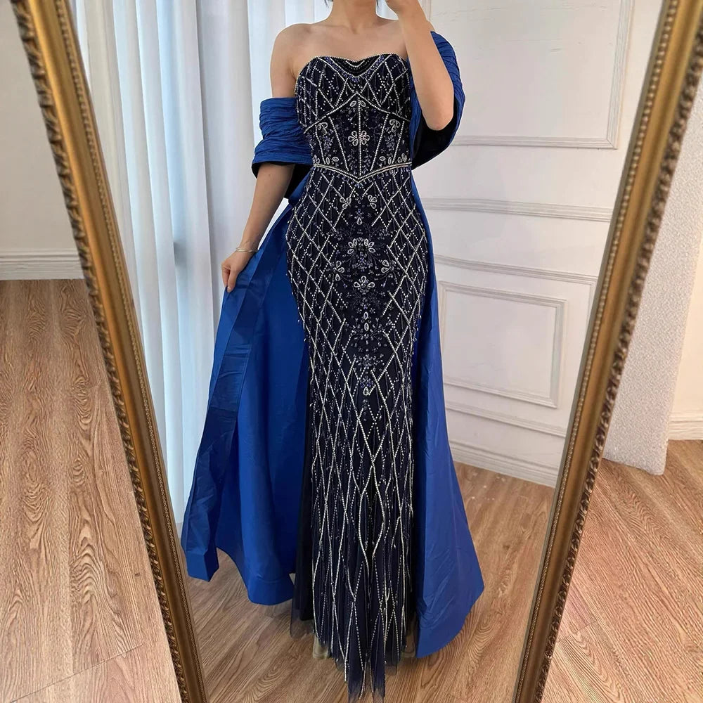 Nude Strapless Off Shoulder Mermaid Overskirt Evening Dress Beaded Party Gowns for Women Customized | Nightbubo