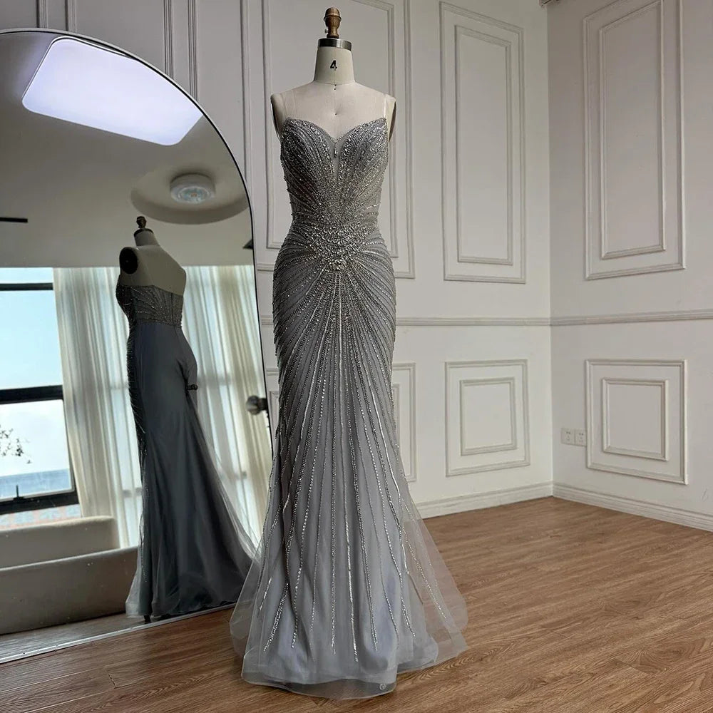 Serene Hill Nude Mermaid Tassel Beaded Evening Dress with Detachable Overskirt Formal Party Gown for Women DLA73182 Customized