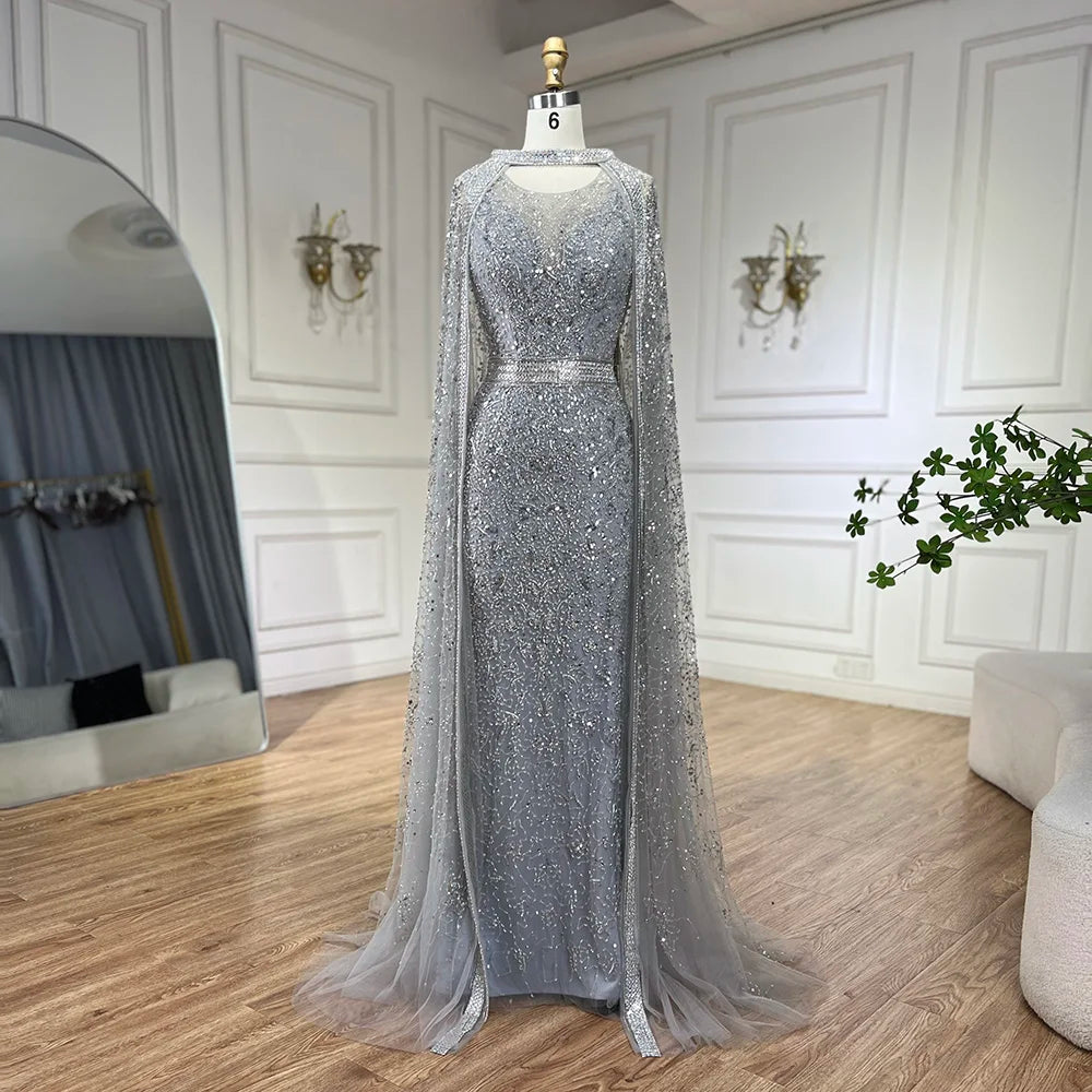 Customized 2026 Gray Arabic Mermaid Beaded Evening Dresses With Detachable Long Cape For Formal Occasion | Nightbubo