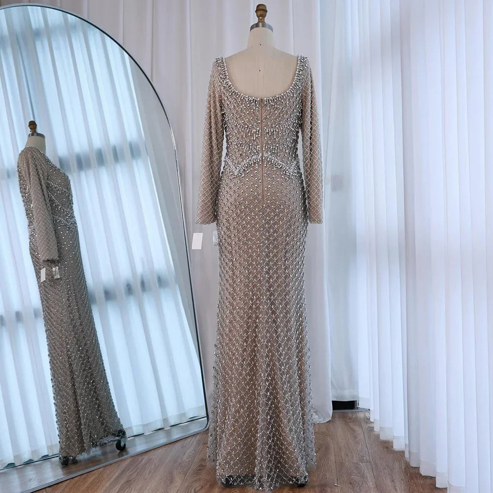 Elegant Beaded Pearl Mermaid Evening Dress with Long Sleeves for Wedding Occasion Serene Hill 2025 Customized DLA72919A