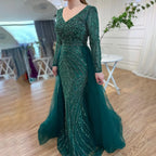 Serene Hill Customized Blue Grey V-Neck Mermaid Beaded Overskirt Evening Dresses Elegant Party Gowns For Women DLA71750