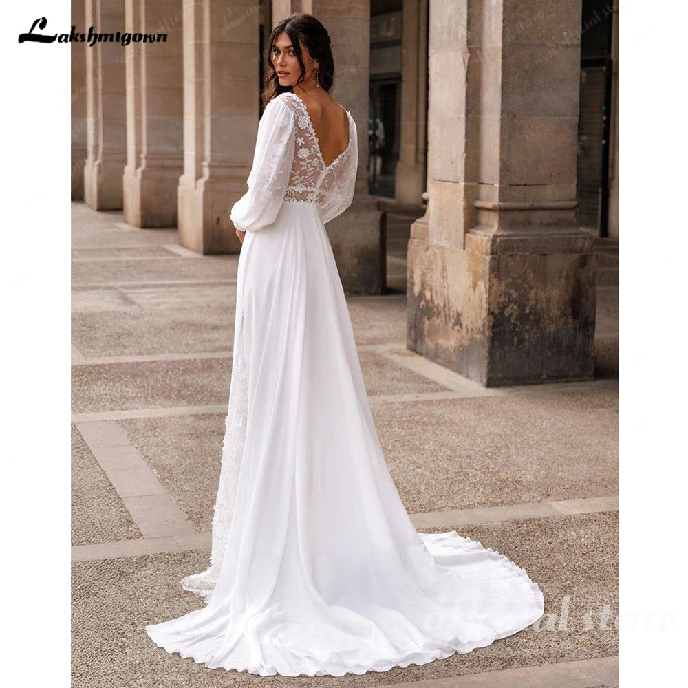 Lakshmigown Summer Chiffon Wedding Dress 2026 Puff Sleeves Lace Split A Line Sweep Train Woman Bridal Gown Boho Customized