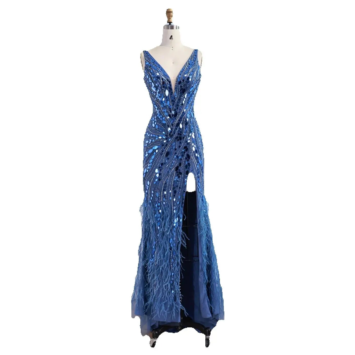 Abito da sera sirena con piume e perline blu lusso LA73369