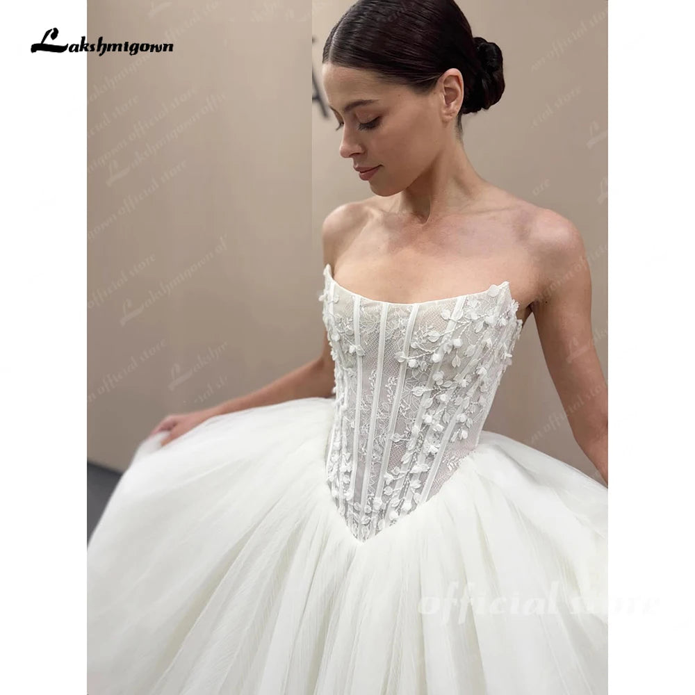 Lakshmigown Strapless 3D Flowers Wedding Gown Back Lace Up Puff Bridal Gown Vestidos De Novia Boda Floor Length Customized