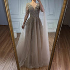 Serene Hill 2026 Customized Pink Luxury Beaded A Line Evening Dress with Cape Sleeves Party Gowwns for Wedding Guest DLA73269