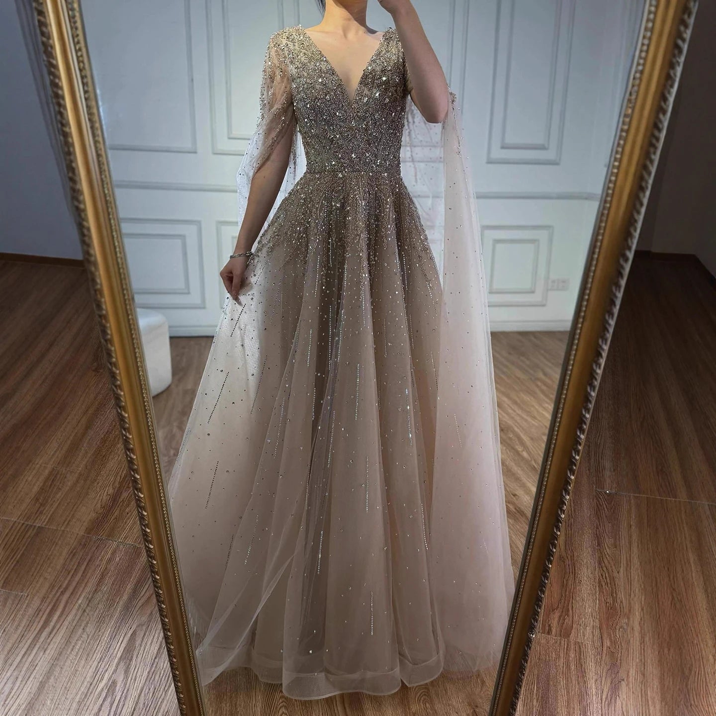 Serene Hill 2026 Customized Pink Luxury Beaded A Line Evening Dress with Cape Sleeves Party Gowwns for Wedding Guest DLA73269