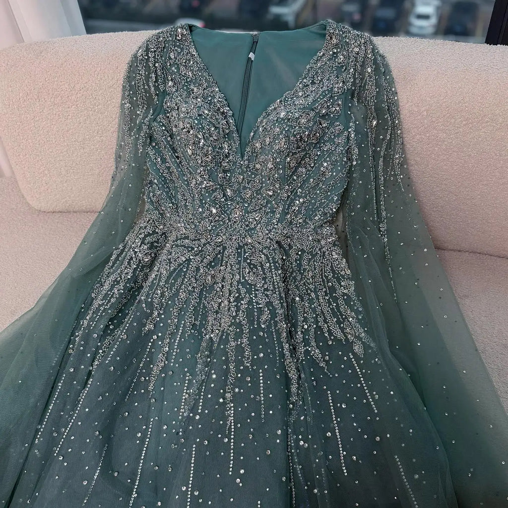 Serene Hill 2026 Customized Pink Luxury Beaded A Line Evening Dress with Cape Sleeves Party Gowwns for Wedding Guest DLA73269
