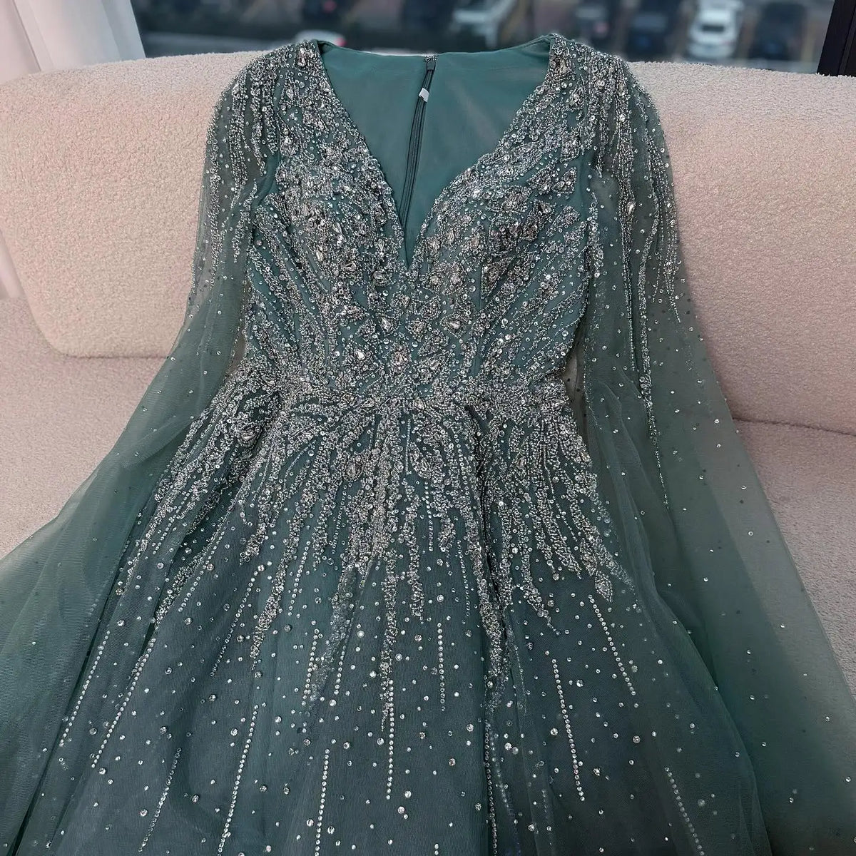 Serene Hill 2026 Customized Pink Luxury Beaded A Line Evening Dress with Cape Sleeves Party Gowwns for Wedding Guest DLA73269
