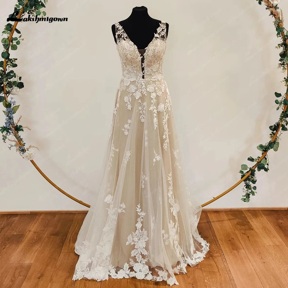 Lakshmigown Luxury Wedding Gown For Brides Floral Appliques V-Neck Sleeveless Backless A-line Court Train 2026 Abito Da Sposa