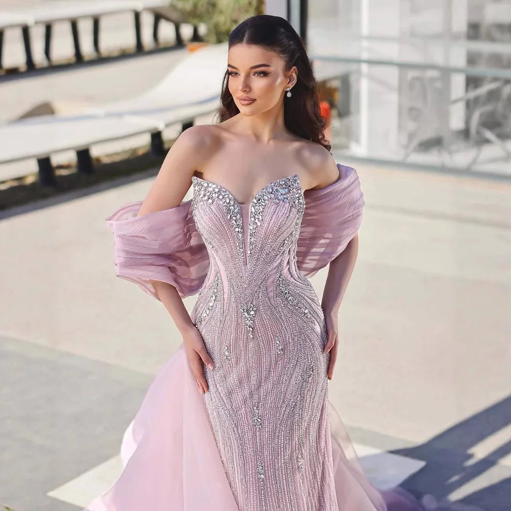 Serene Hill Pink 2025 Mermaid Beaded Evening Dresses with Cape Wedding Party Gowns for Women DLA73061 Customized