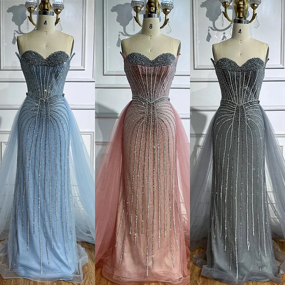 Abito da sera sirena con perle rosa, perline e sopragonna in stile arabo LA72811B