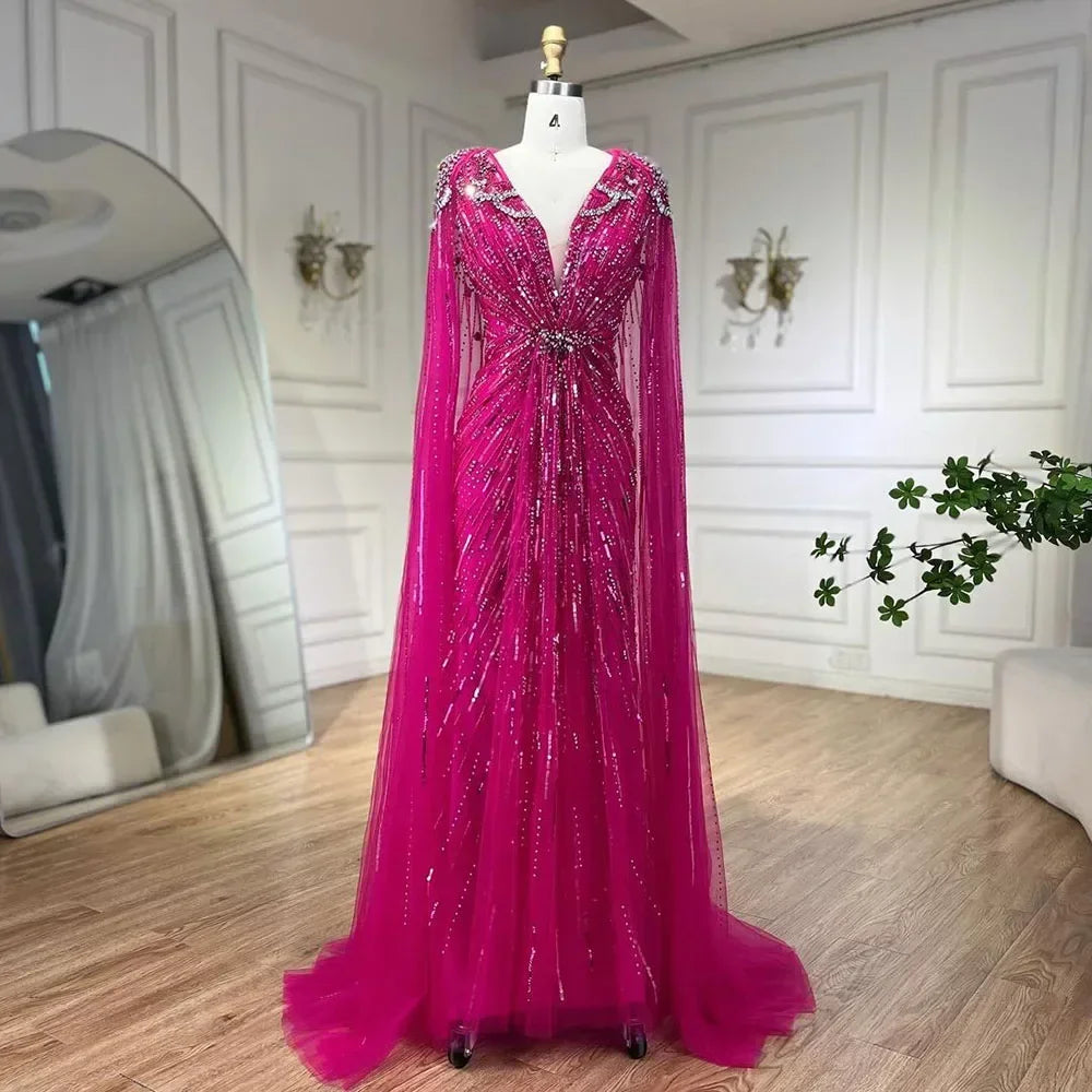 Serene Hill V-neck Turquoise Beaded Mermaid Evening Dress with Cape Plus Size Party Gowns for Women DLA72168A Customized