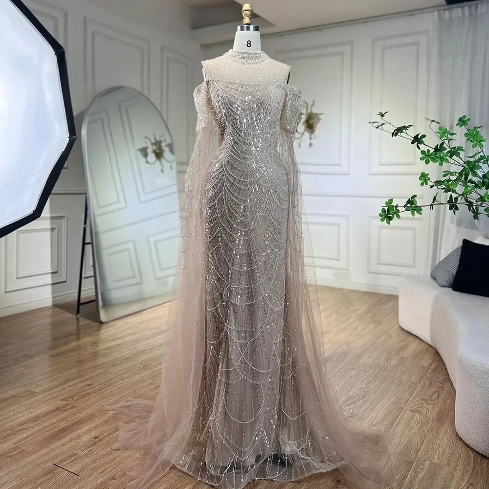 Serene Hill Dubai Purple Mermaid Cape Sleeves Beaded Long Evening Dress 2025 For Formal Occasion DLA71992 Customized