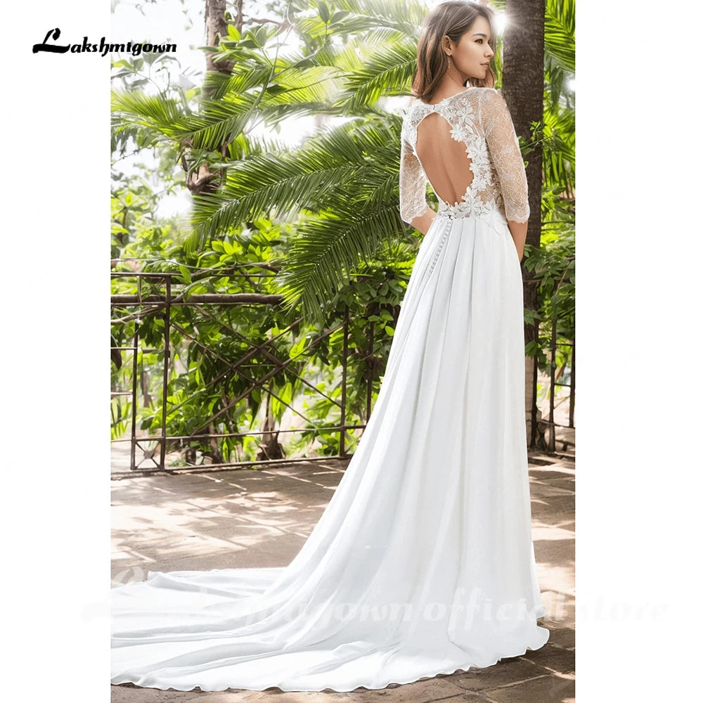 Lakshmigown Boho A-Line V-neck Long Sleeve Chiffon Lace Wedding Dress Split Front Backless Button Appliques Bridal Go Customized