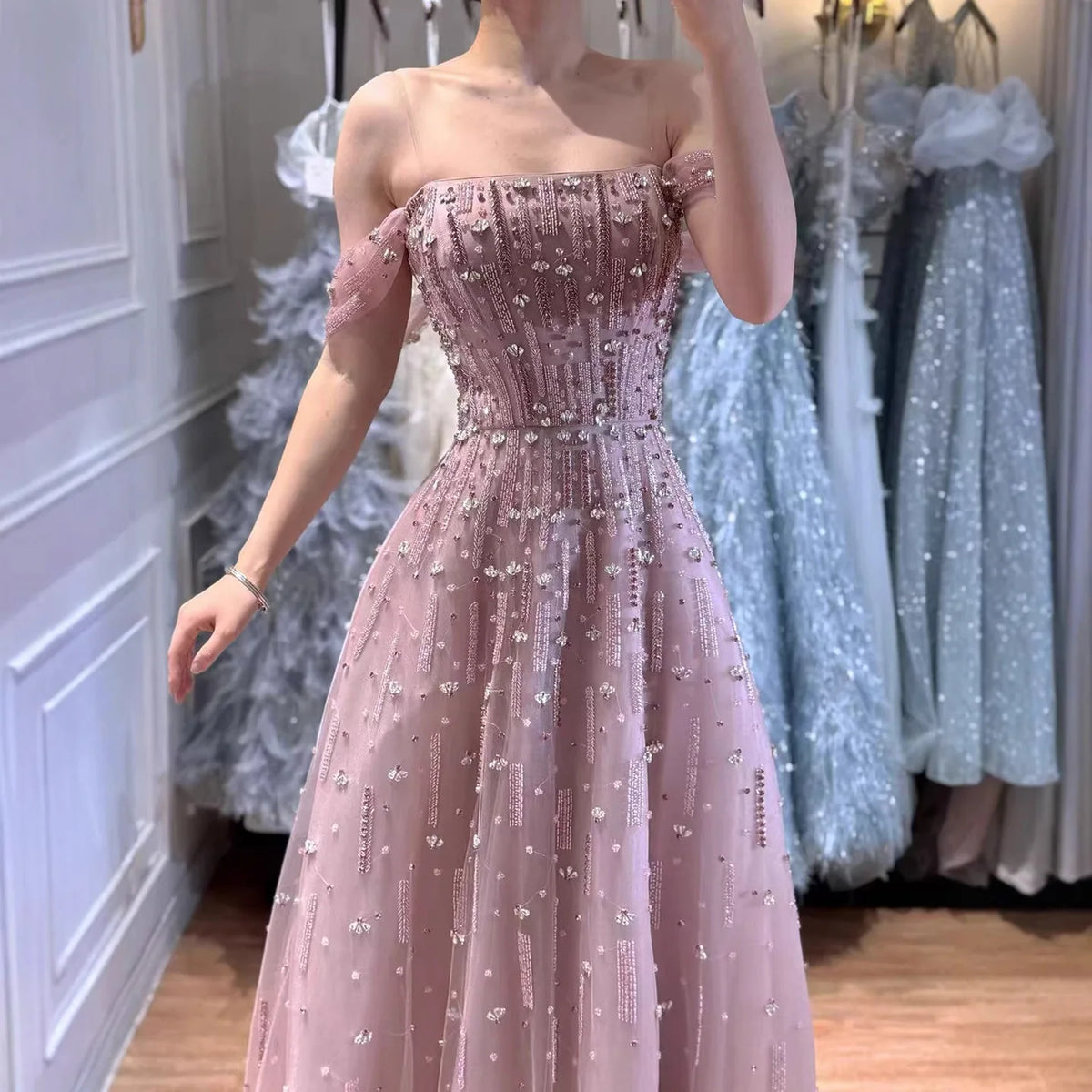 Serene Hill Caramel A-Line Beaded Evening Gown Off Shoulder Formal Party Prom Dress Robe de Soirée 2026 Customized DLA73326