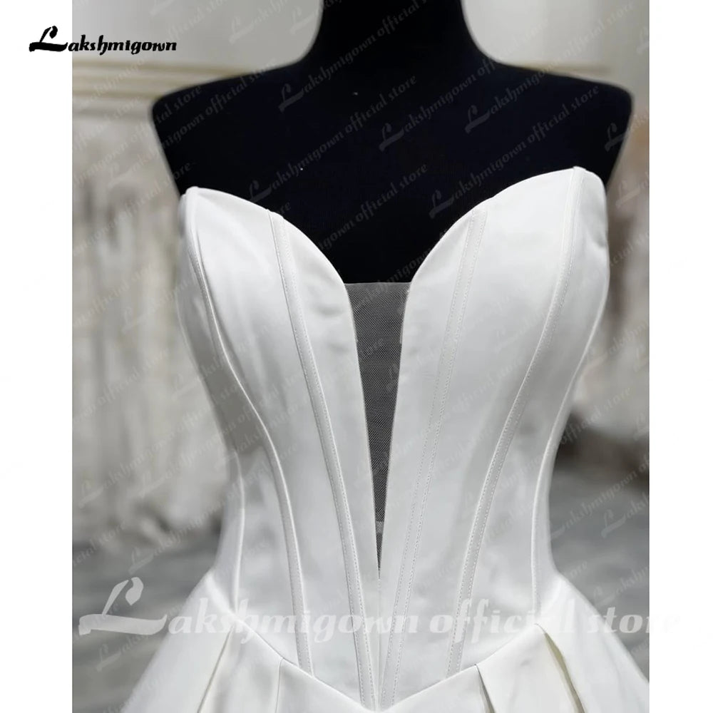 Lakshmigown V Neck Wedding Gowns for Women Bride Elegant Satin Sleeveless Pleats Robe Civil Bridal Wedding Dress Customized