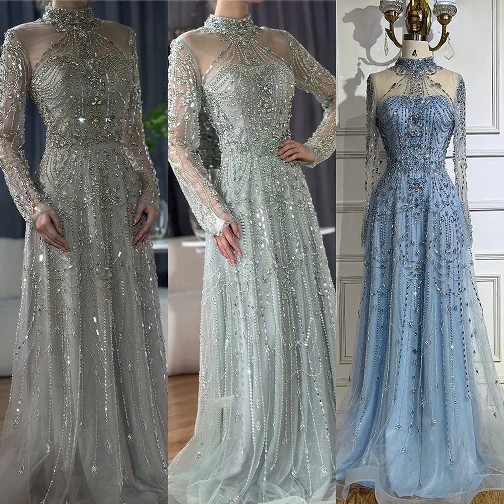 Serene Hill Caramel A-Line Long Sleeves Muslim Evening Gowns Luxury Beaded Party Dress for Women 2025 Customized DLA72704