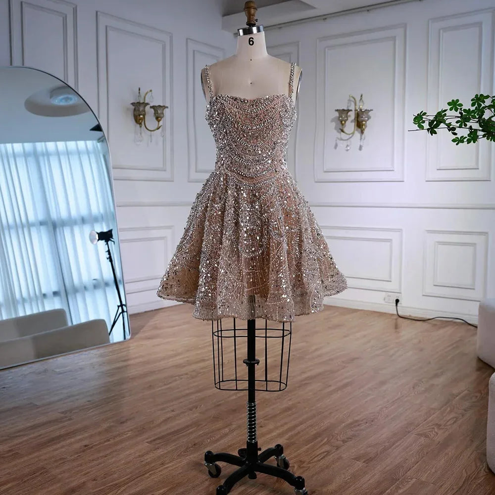 Serene Hill Elegant Nude Short Evening Dress A-Line Mini Crystal Cocktail for Women 2025 DLA72983 Customized