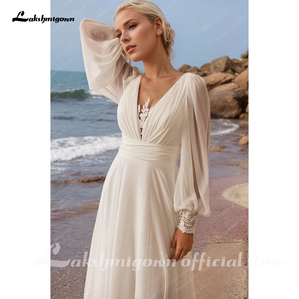 Lakshmigown A-Line Wedding Dress Puff Sleeve Illusion Back Chiffon Civil Vestido De Noiva Applique For Women Customized