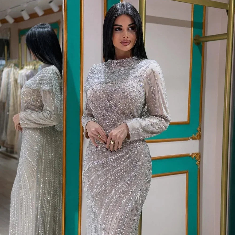Serene Hill 2025 Muslim-inspired Silver Nude Beaded Sparkle Elegant Mermaid Evening Dresses Gowns for Party DLA70752H Customized